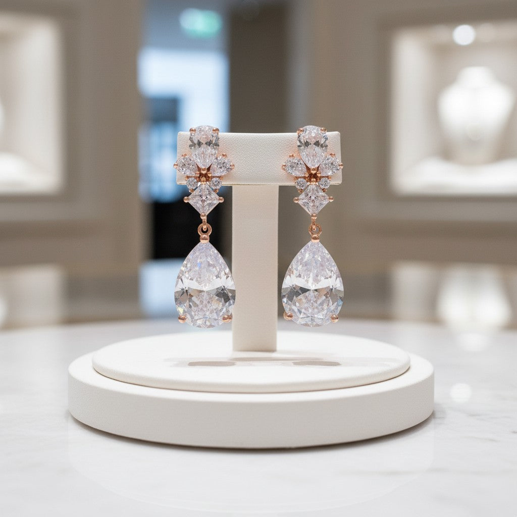 CUBIIC ZIRCONIA COLLECTION - EXQUISITE TEARDROP CRYSTAL EARRINGS - CZER485 ROSE GOLD