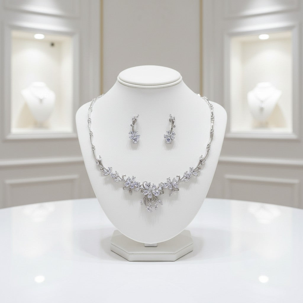 CUBIC ZIRCONIA COLLECTION - EXQUISITE STARLET NECKLACE SET - CZNK91 SILVER