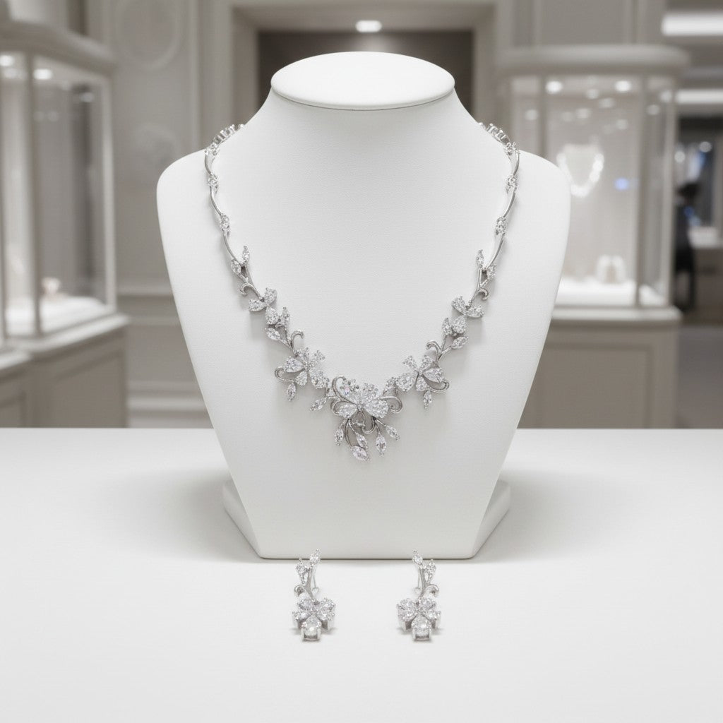 CUBIC ZIRCONIA COLLECTION - EXQUISITE STARLET NECKLACE SET - CZNK91 SILVER