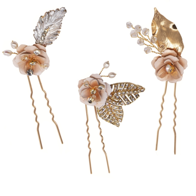 ATHENA COLLECTION - GLITZY PINK BLUSH HAIR PINS - GOLD PIN-43