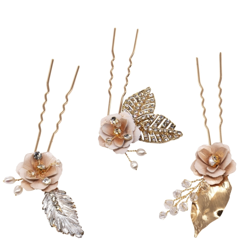 ATHENA COLLECTION - GLITZY PINK BLUSH HAIR PINS - GOLD PIN-43