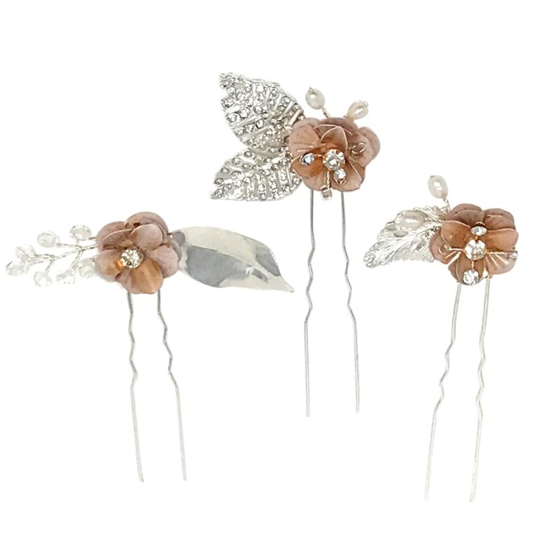 ATHENA COLLECTION - GLITZY PINK BLUSH HAIR PINS - SILVER PIN 43