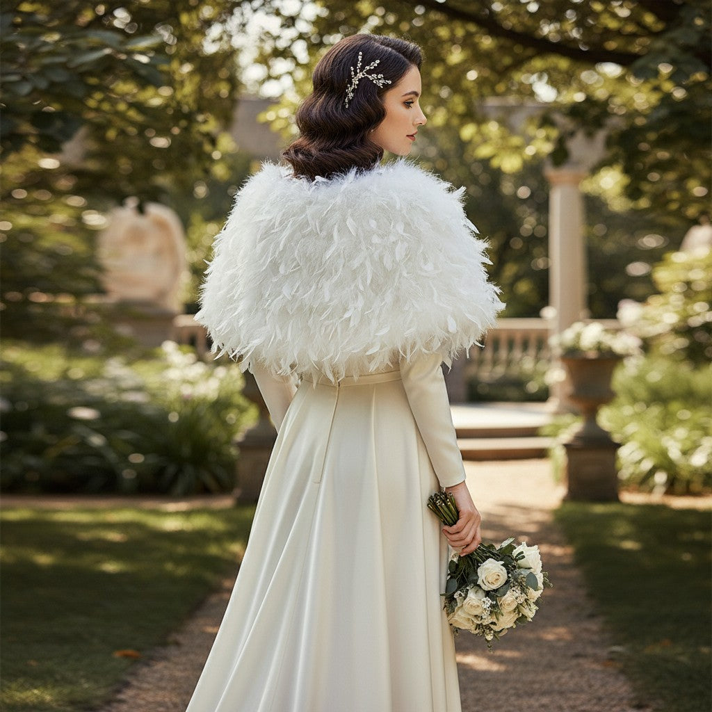 ATHENA COLLECTION - VINTAGE INSPIRED FEATHER STOLE - WHITE