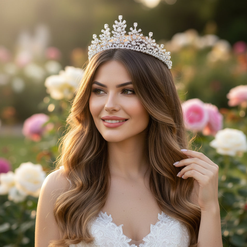 CUBIC ZIRCONIA COLLECTION - CRYSTAL ENCRUSTED TIARA - AHB-25 SILVER