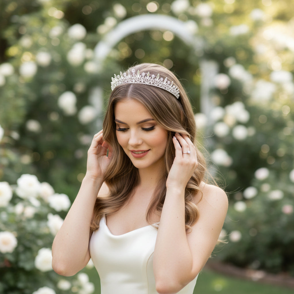 CUBIC ZIRCONIA COLLECTION - DAINTY STARLET TIARA - AHB-10 SILVER