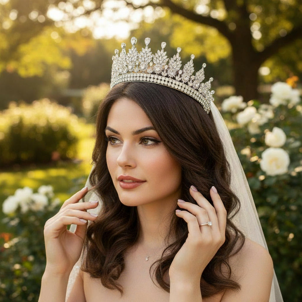 CUBIC ZIRCONIA COLLECTION - REGAL CRYSTAL TIARA - AHB-12 - SILVER