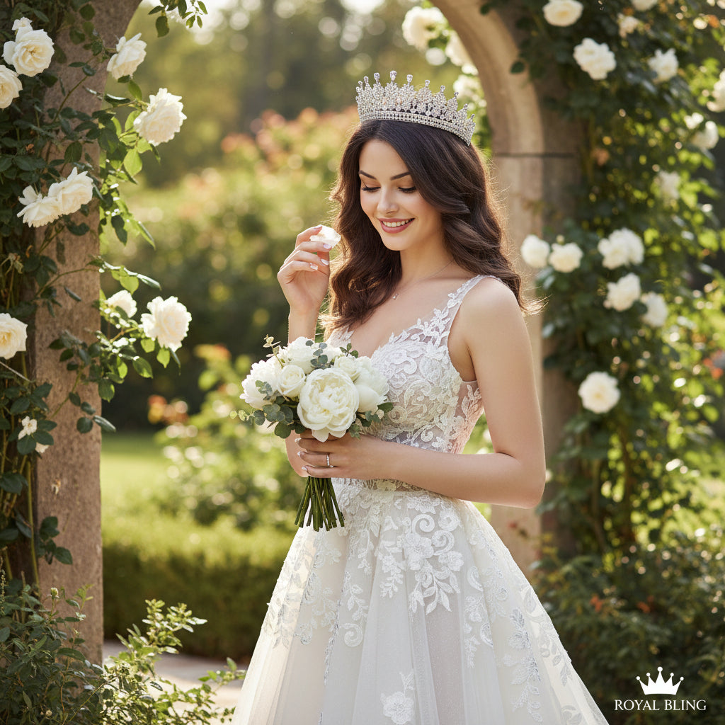 CUBIC ZIRCONIA COLLECTION - REGAL CRYSTAL TIARA - AHB-12 - SILVER