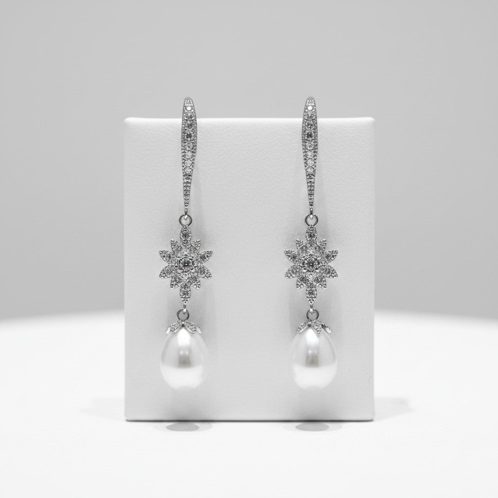 CUBIC ZIRCONIA COLLECTON - GLITZY GLAM PEARL DROP EARRINGS - CZER491 SILVER