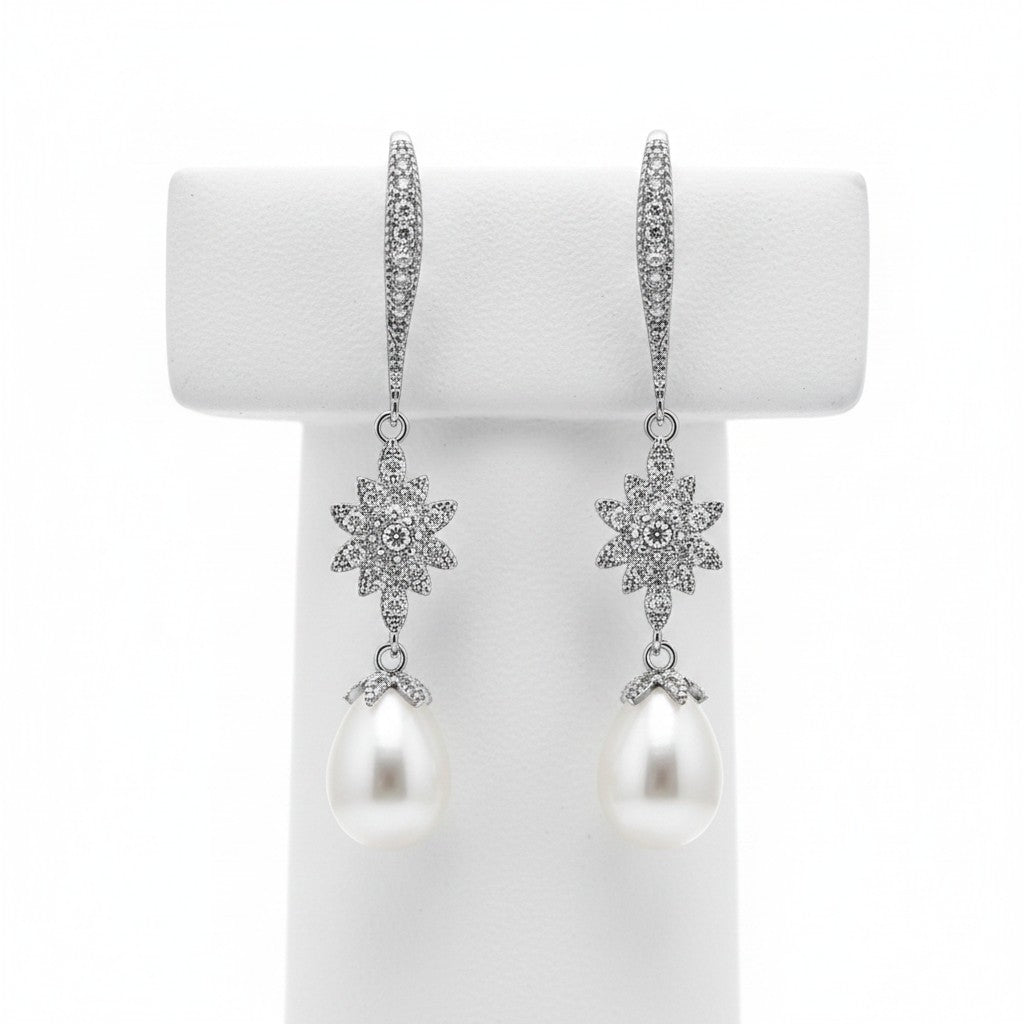 CUBIC ZIRCONIA COLLECTON - GLITZY GLAM PEARL DROP EARRINGS - CZER491 SILVER