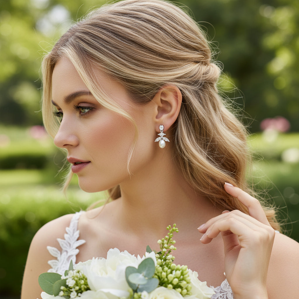 CUBIC ZIRCONIA COLLECTION - PRETTY PETITE PEARL EARRINGS - CZER492 SILVER
