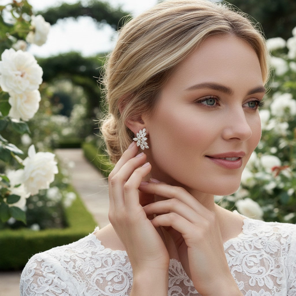 ATHENA COLLECTION - GLAMOROUS CRYSTAL CLUSTER EARRINGS - (CZER494) CHAMPAGNE GOLD
