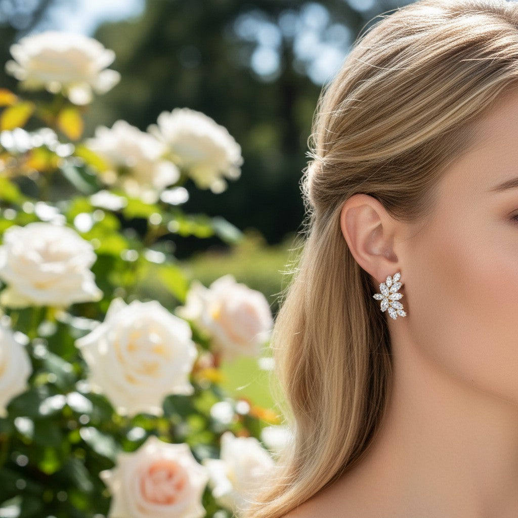 ATHENA COLLECTION - GLAMOROUS CRYSTAL CLUSTER EARRINGS - (CZER494) CHAMPAGNE GOLD