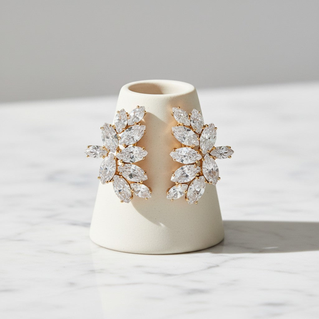 ATHENA COLLECTION - GLAMOROUS CRYSTAL CLUSTER EARRINGS - (CZER494) CHAMPAGNE GOLD