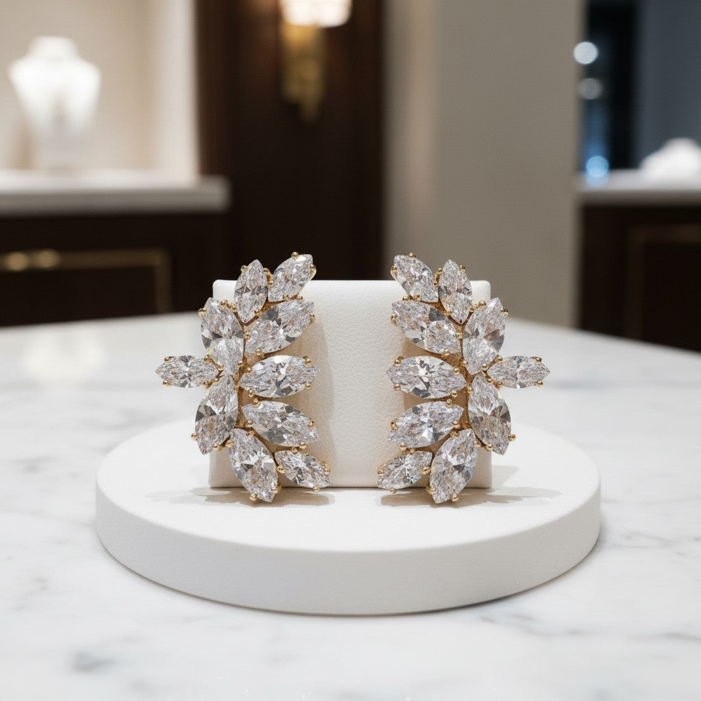 ATHENA COLLECTION - GLAMOROUS CRYSTAL CLUSTER EARRINGS - (CZER494) CHAMPAGNE GOLD