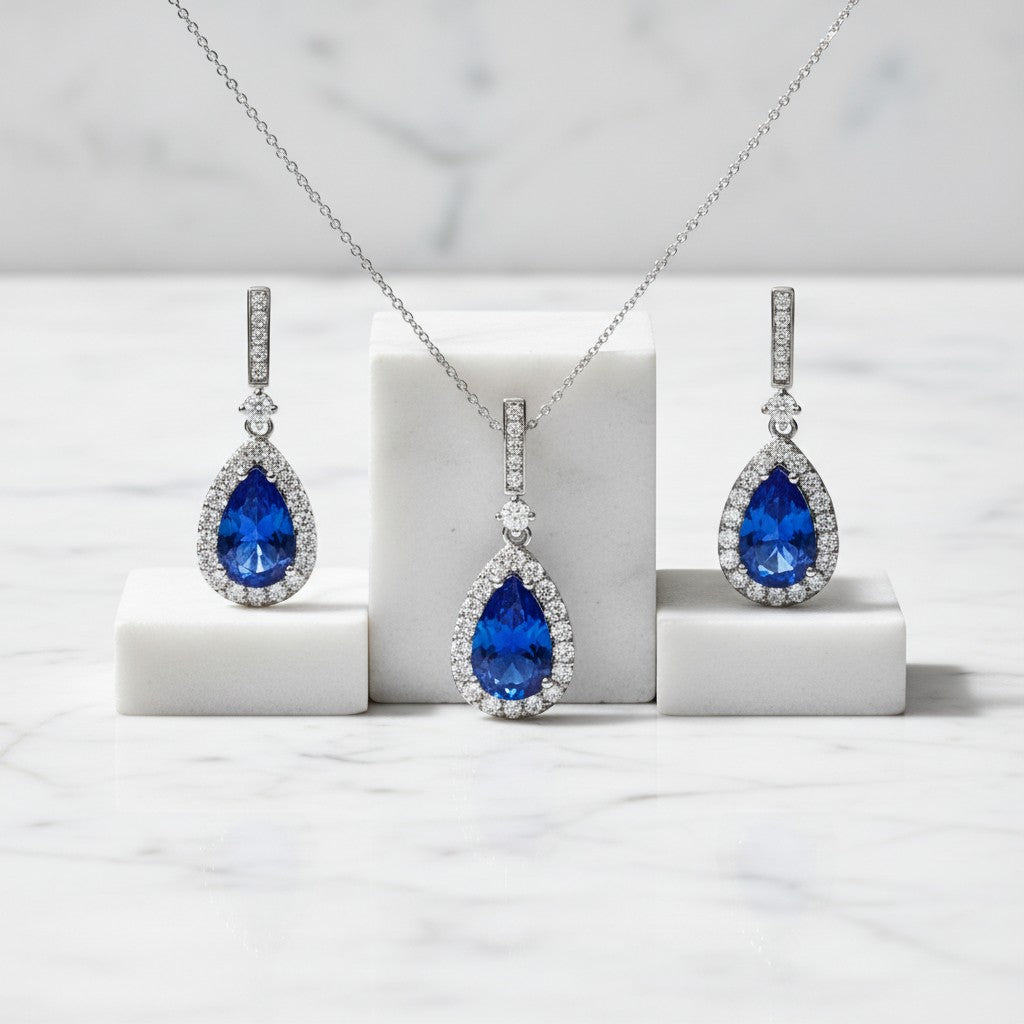 CUBIC ZIRCONIA COLLECTION - CRYSTAL SHIMMER NECKLACE SET - CZNK98 (SAPPHIRE)