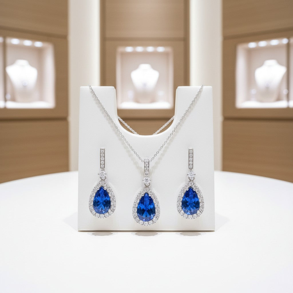 CUBIC ZIRCONIA COLLECTION - CRYSTAL SHIMMER NECKLACE SET - CZNK98 (SAPPHIRE)