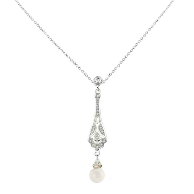 CUBIC ZIRCONIA COLLECTION - VINTAGE CRYSTAL DROP NECKLACE - CZNK94 SILVER
