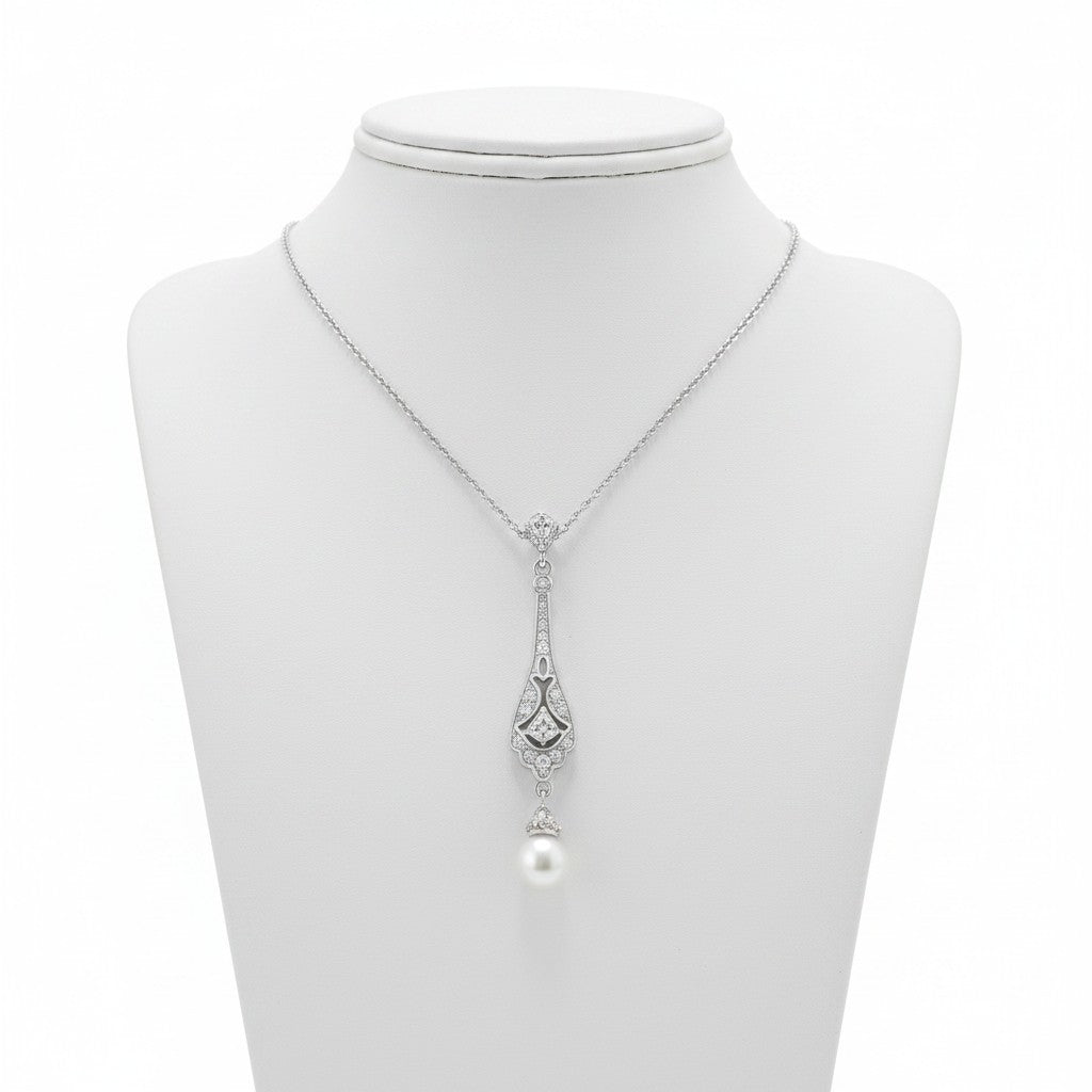 CUBIC ZIRCONIA COLLECTION - VINTAGE CRYSTAL DROP NECKLACE - CZNK94 SILVER