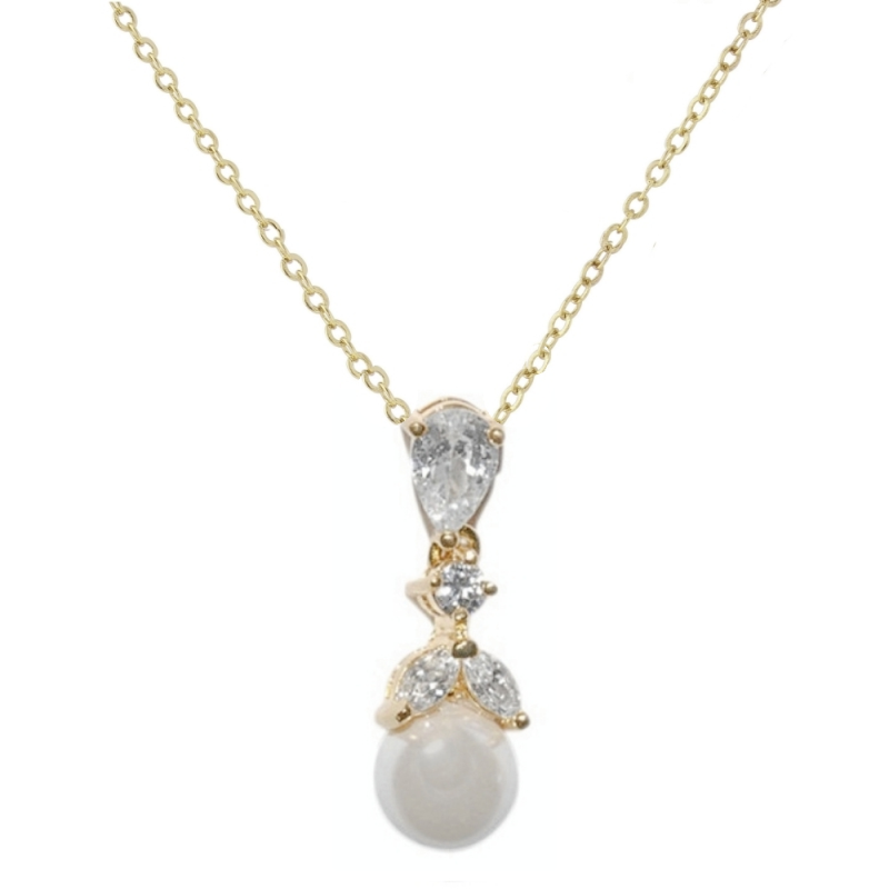 CUBIC ZIRCONIA COLLECTION - GRACEFUL PEARL NECKLACE- (CZNK76) GOLD