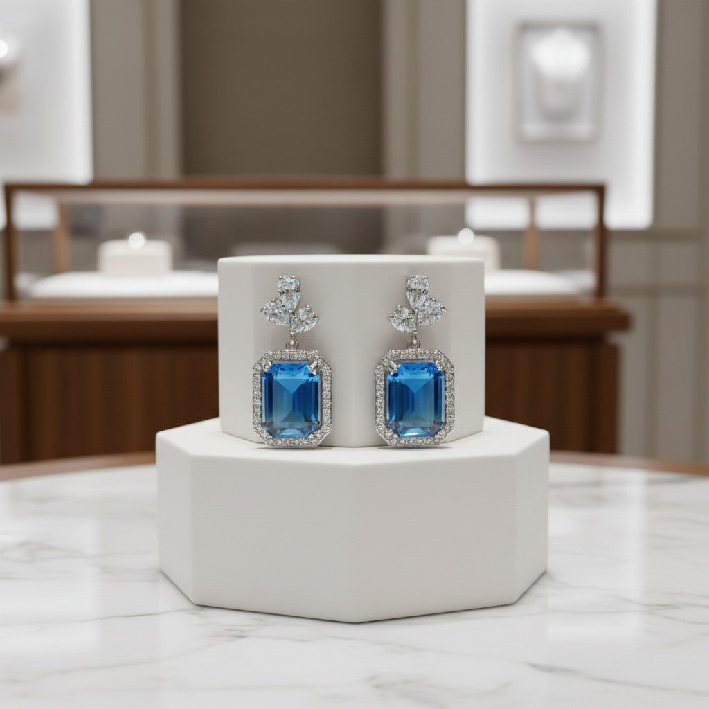 CUBIC ZIRCONIA COLLECTION -SPARKLE GEM EARRINGS - BLUE (CZER504)