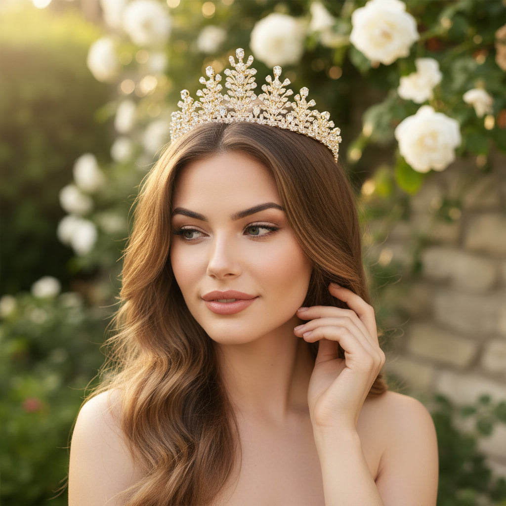 CUBIC ZIRCONIA COLLECTION - CRYSTAL ENCRUSTED TIARA - AHB-25 GOLD