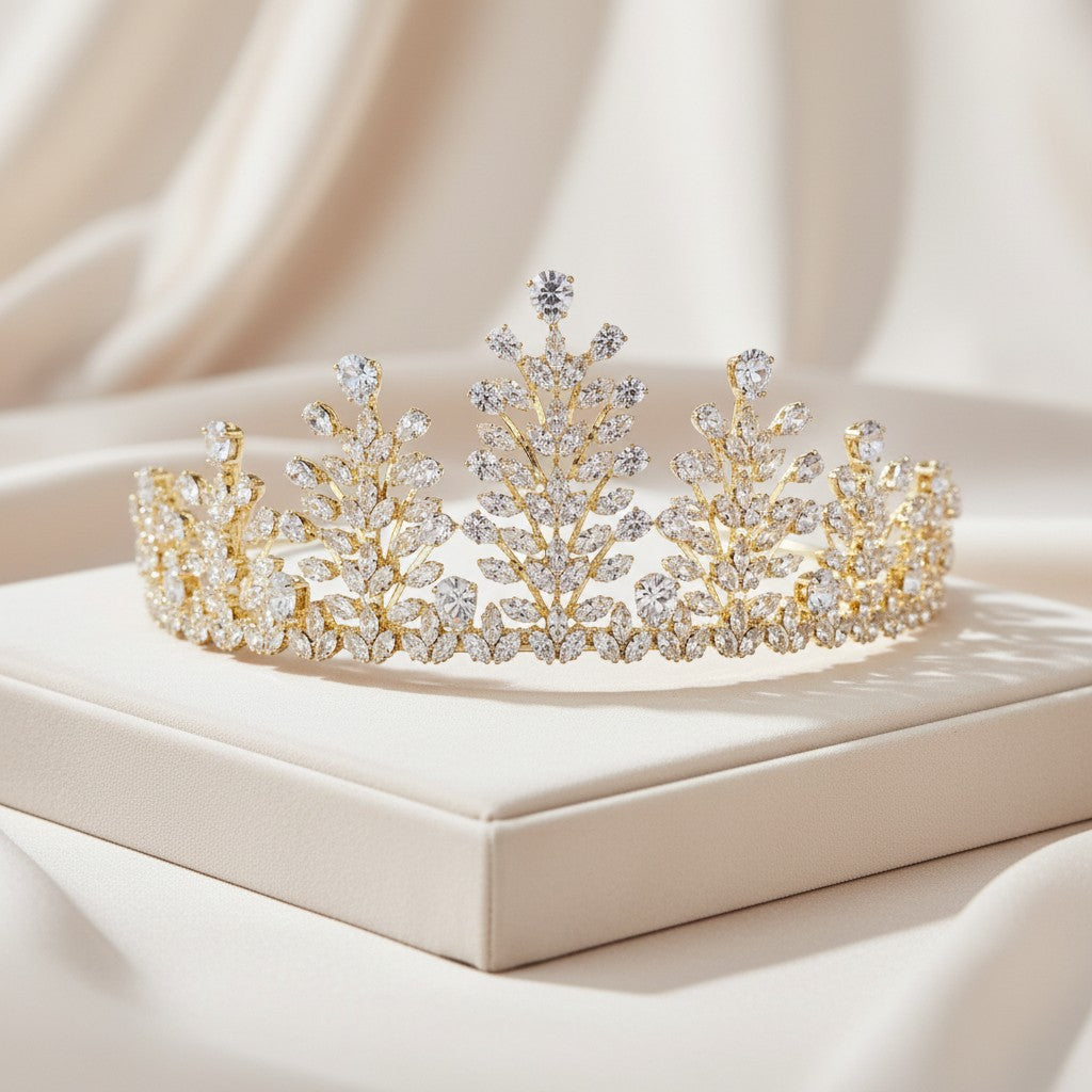 CUBIC ZIRCONIA COLLECTION - CRYSTAL ENCRUSTED TIARA - AHB-25 GOLD