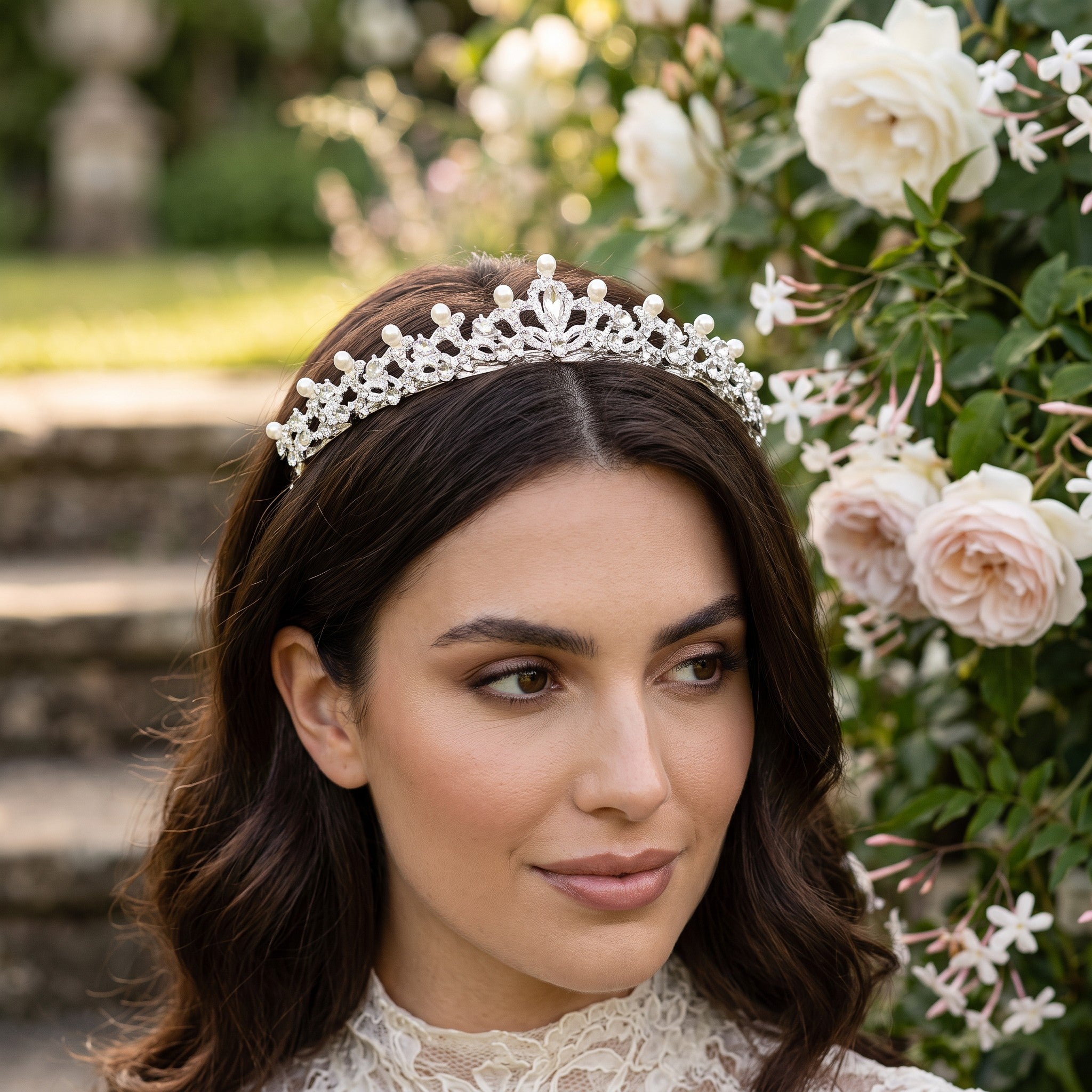 ATHENA COLLECTION - CHIC PEARL TIARA - AHB25 SILVER