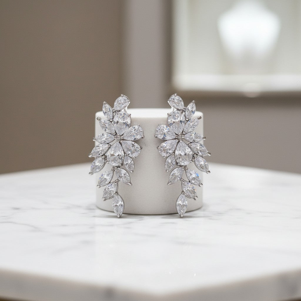 CUBIC ZIRCONIA EARRINGS - CRYSTAL ROMANCE EARRINGS - CZER506 SILVER