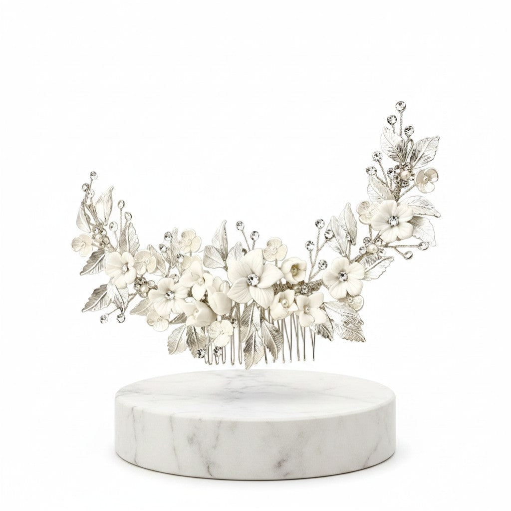 ATHENA COLLECTION - FLORAL EXTRAVAGANCE HAIR COMB - SILVER (HC200)