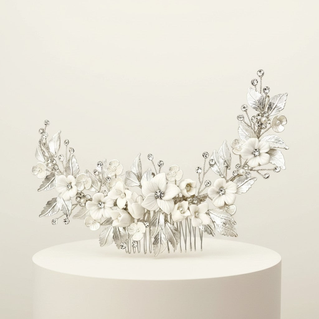 ATHENA COLLECTION - FLORAL EXTRAVAGANCE HAIR COMB - SILVER (HC200)