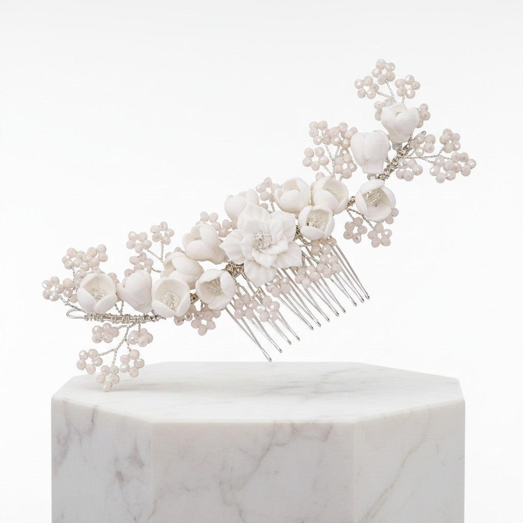 ATHENA COLLECTION - FLORAL ROMANCE HAIR COMB - HC201 SILVER