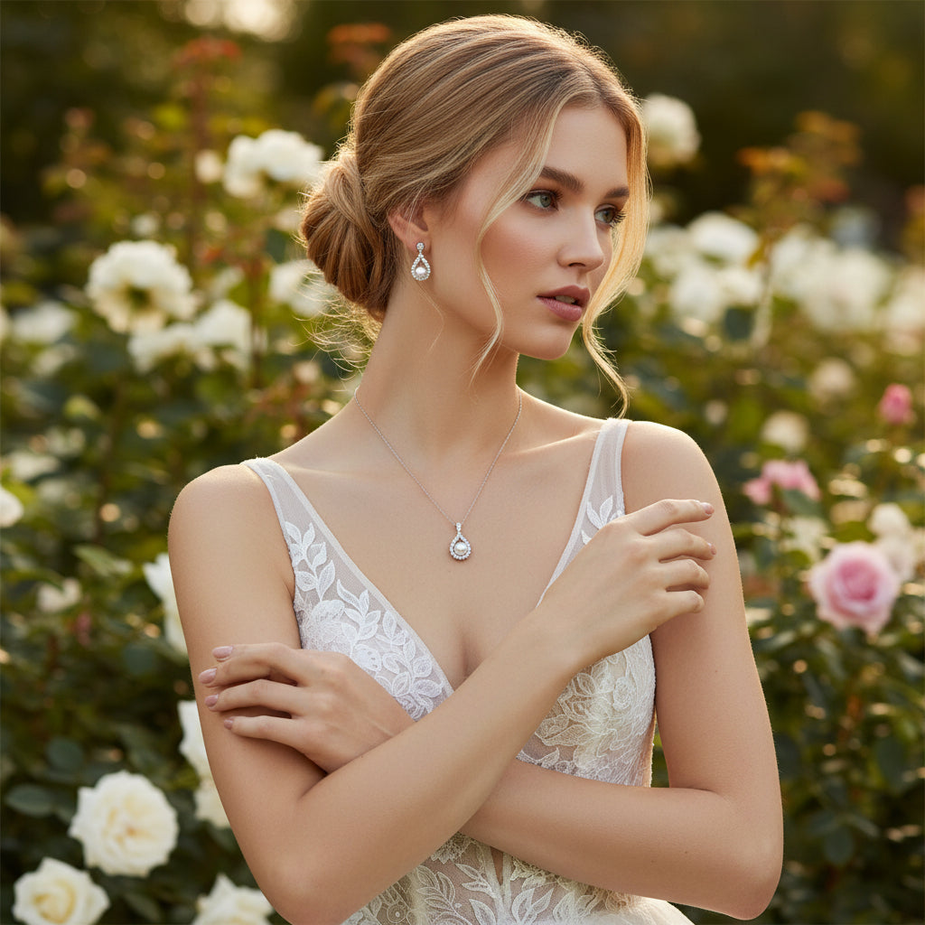 CUBIC ZIRCONIA COLLECTION - PEARL ELEGANCE NECKLACE SET - (CZNK102) GOLD