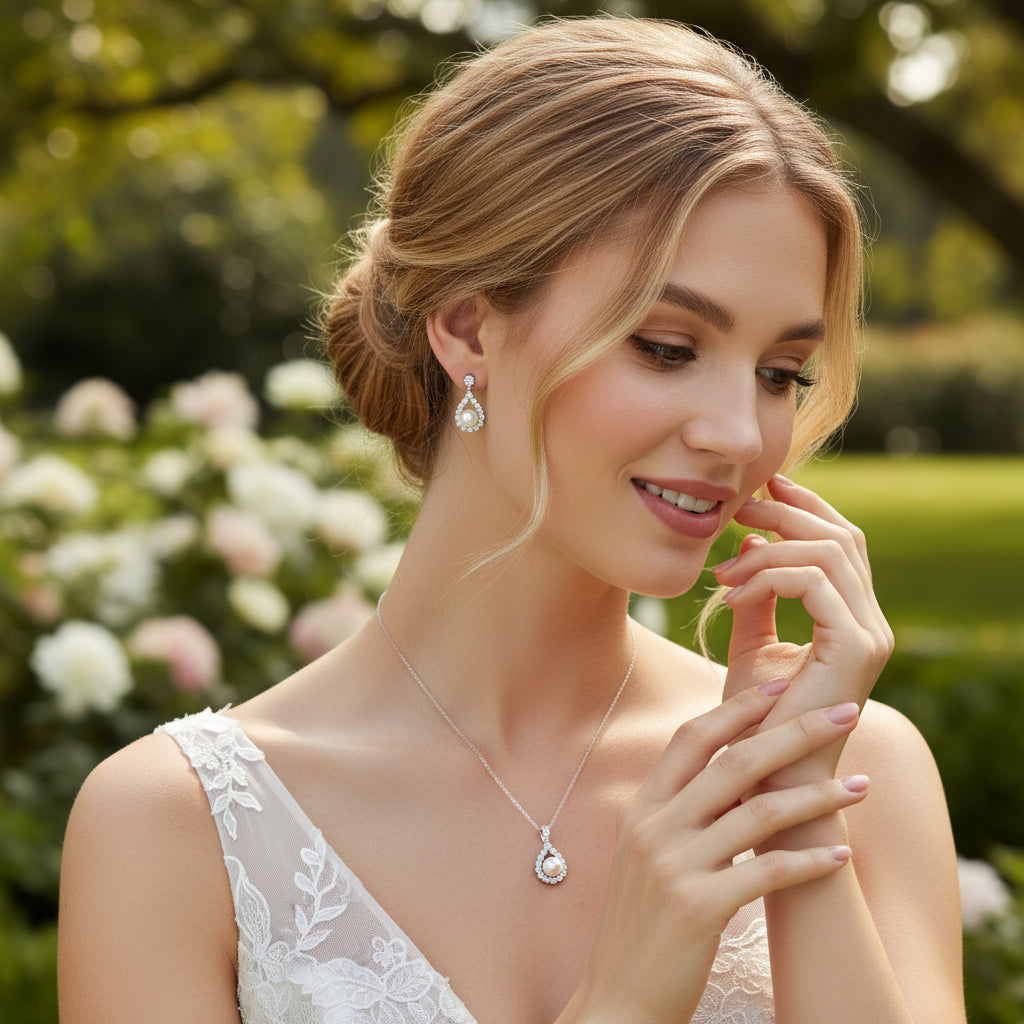 CUBIC ZIRCONIA COLLECTION - PEARL ELEGANCE NECKLACE SET - SILVER (CZNK102)