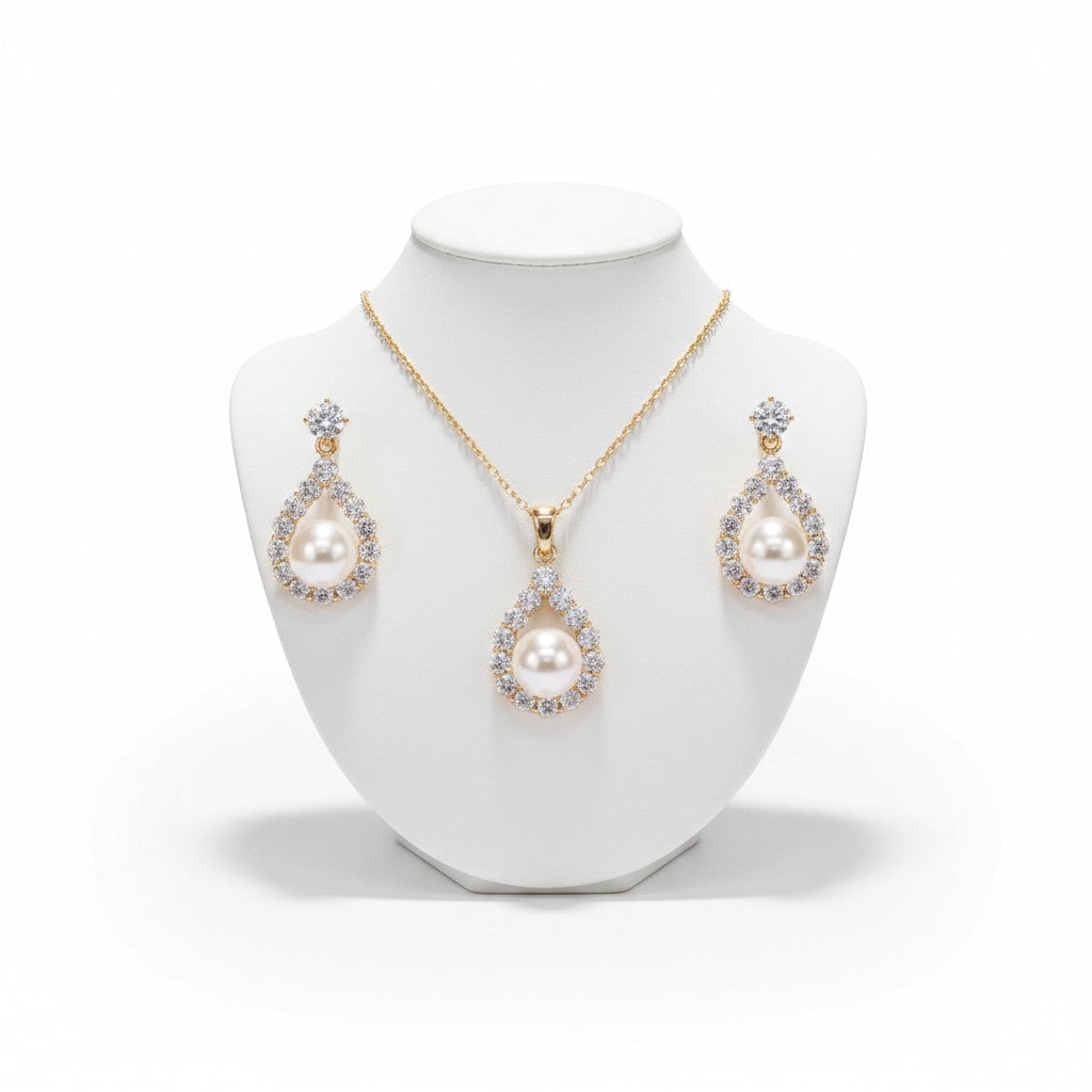 CUBIC ZIRCONIA COLLECTION - PEARL ELEGANCE NECKLACE SET - (CZNK102) GOLD