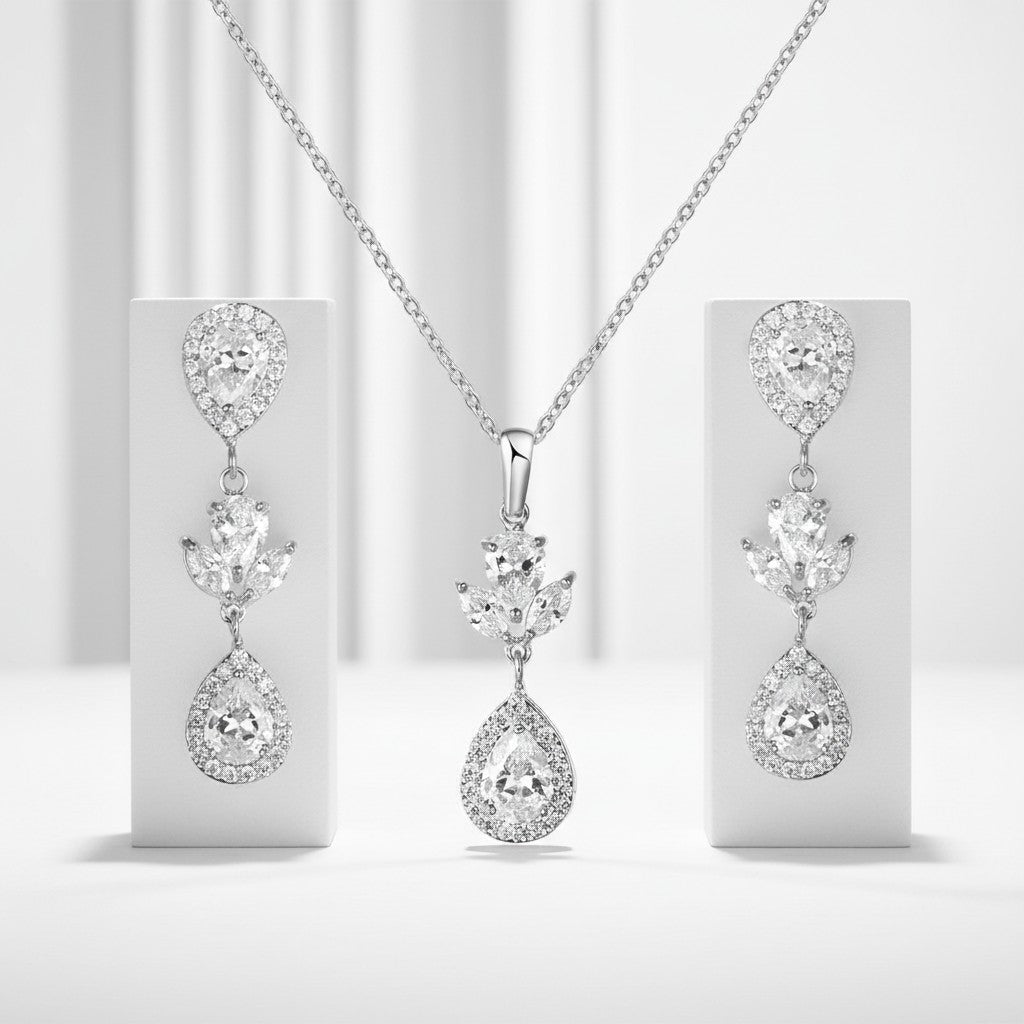 CUBIC ZIRCONIA COLLECTION - SIMLE ELEGANCE NECKLACE SET - CZNK105 SILVER