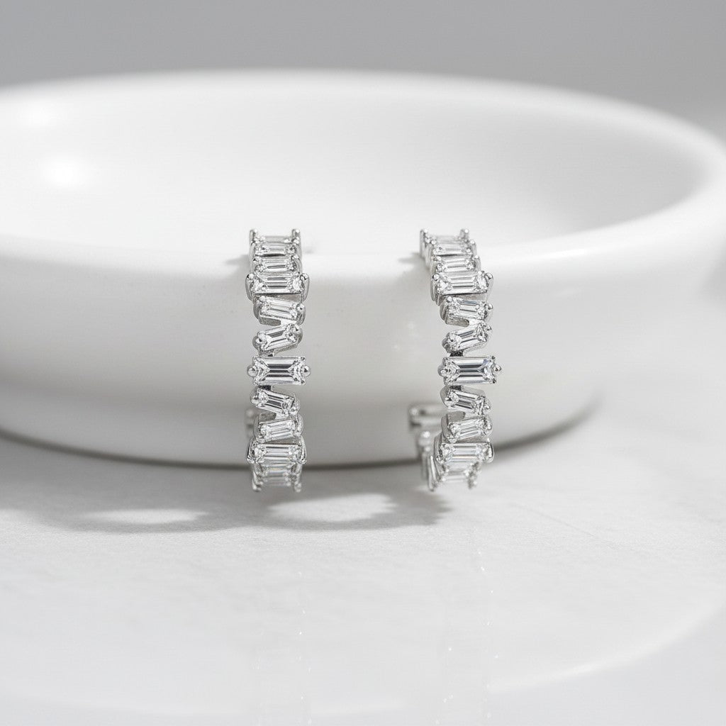 CUBIC ZIRCONIA - CRYSTAL HOOP STYLE EARRINGS - CZER525 - SILVER