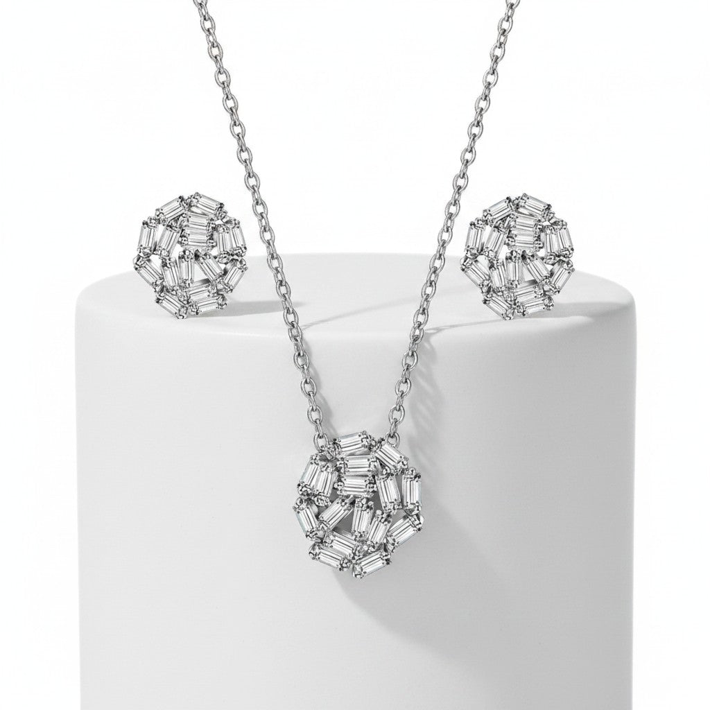 CUBIC ZIRCONIA COLLECTION - LUXE CRYSTAL CLUSTER NECKLACE SET - CZNK110