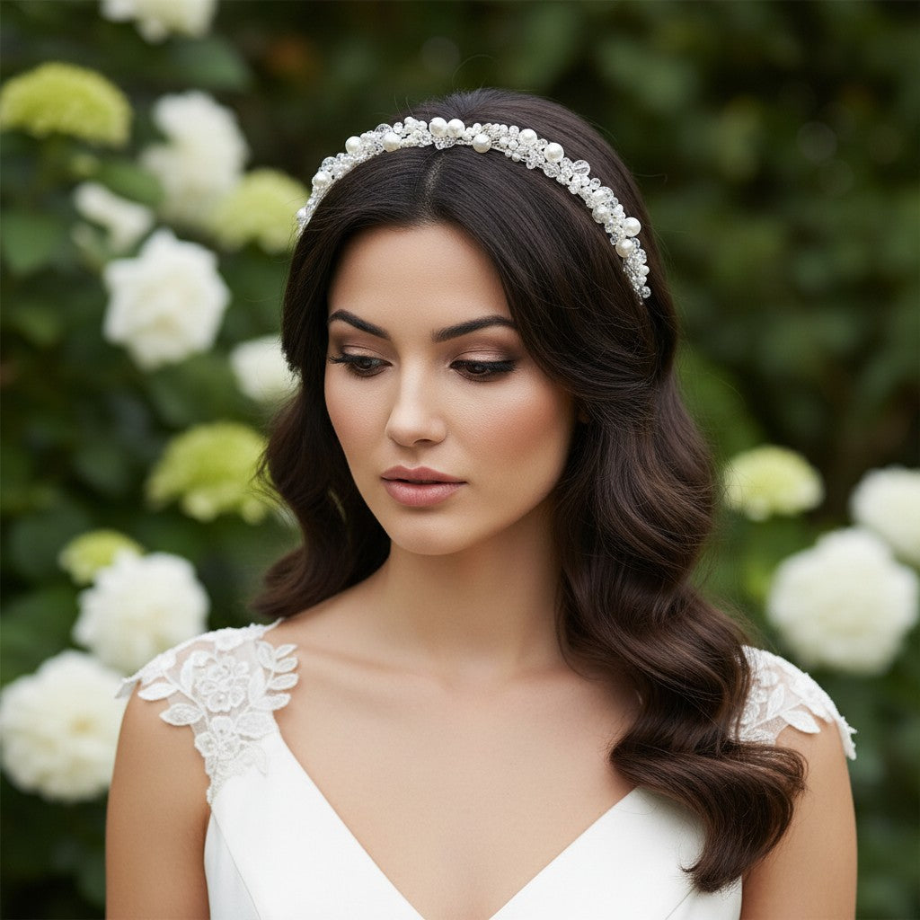 ATHENA COLLECTION - PEARL CLUSTER HEADBAND - SILVER AHB-57