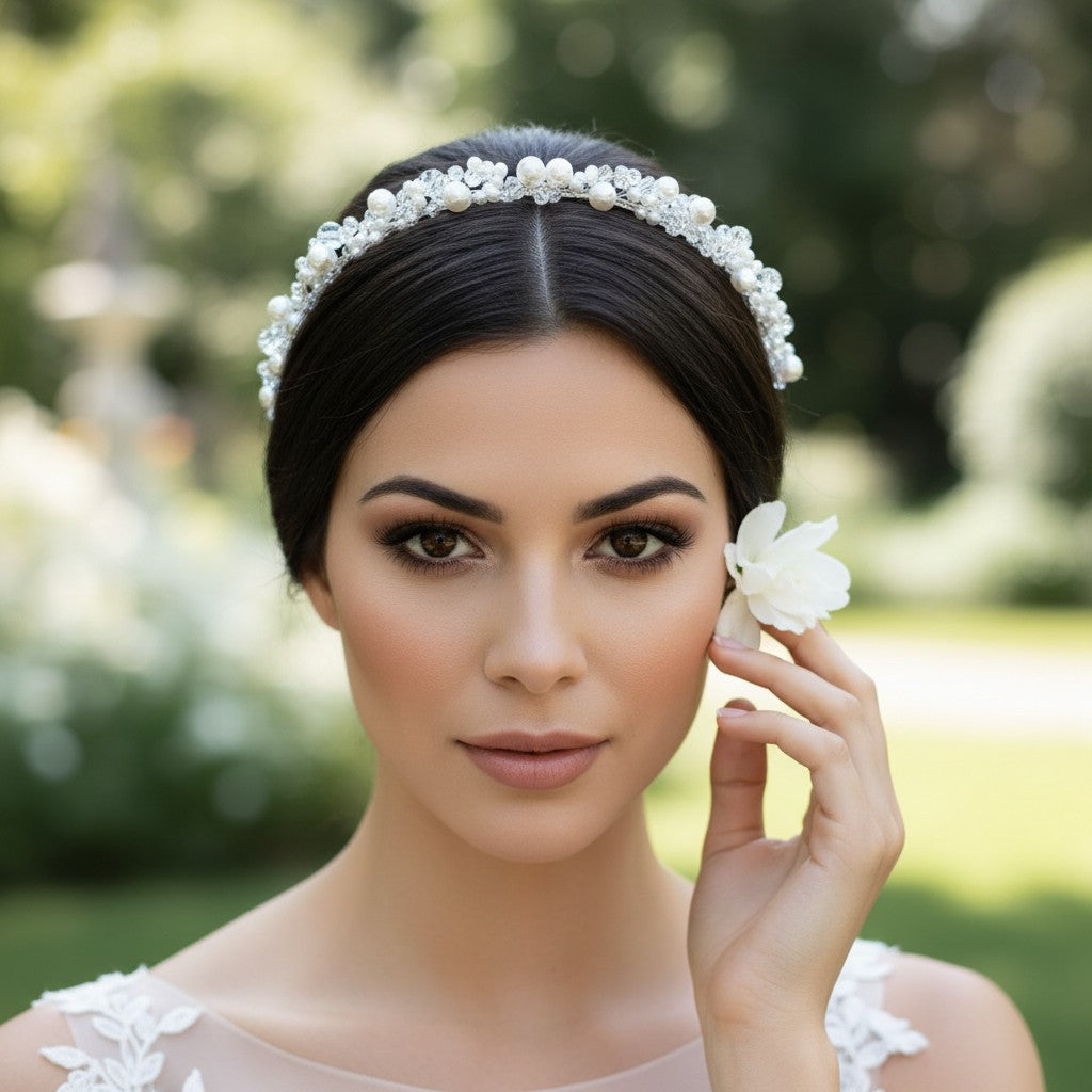 ATHENA COLLECTION - PEARL CLUSTER HEADBAND - SILVER AHB-57