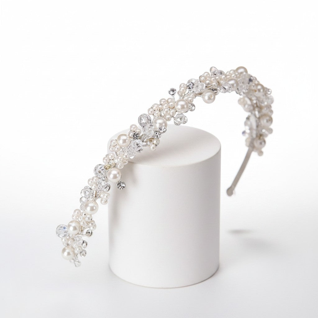 ATHENA COLLECTION - PEARL CLUSTER HEADBAND - SILVER AHB-57