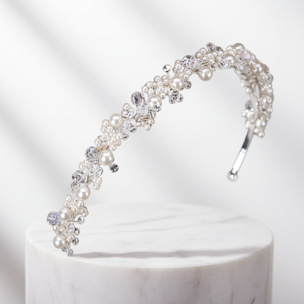 ATHENA COLLECTION - PEARL CLUSTER HEADBAND - SILVER AHB-57