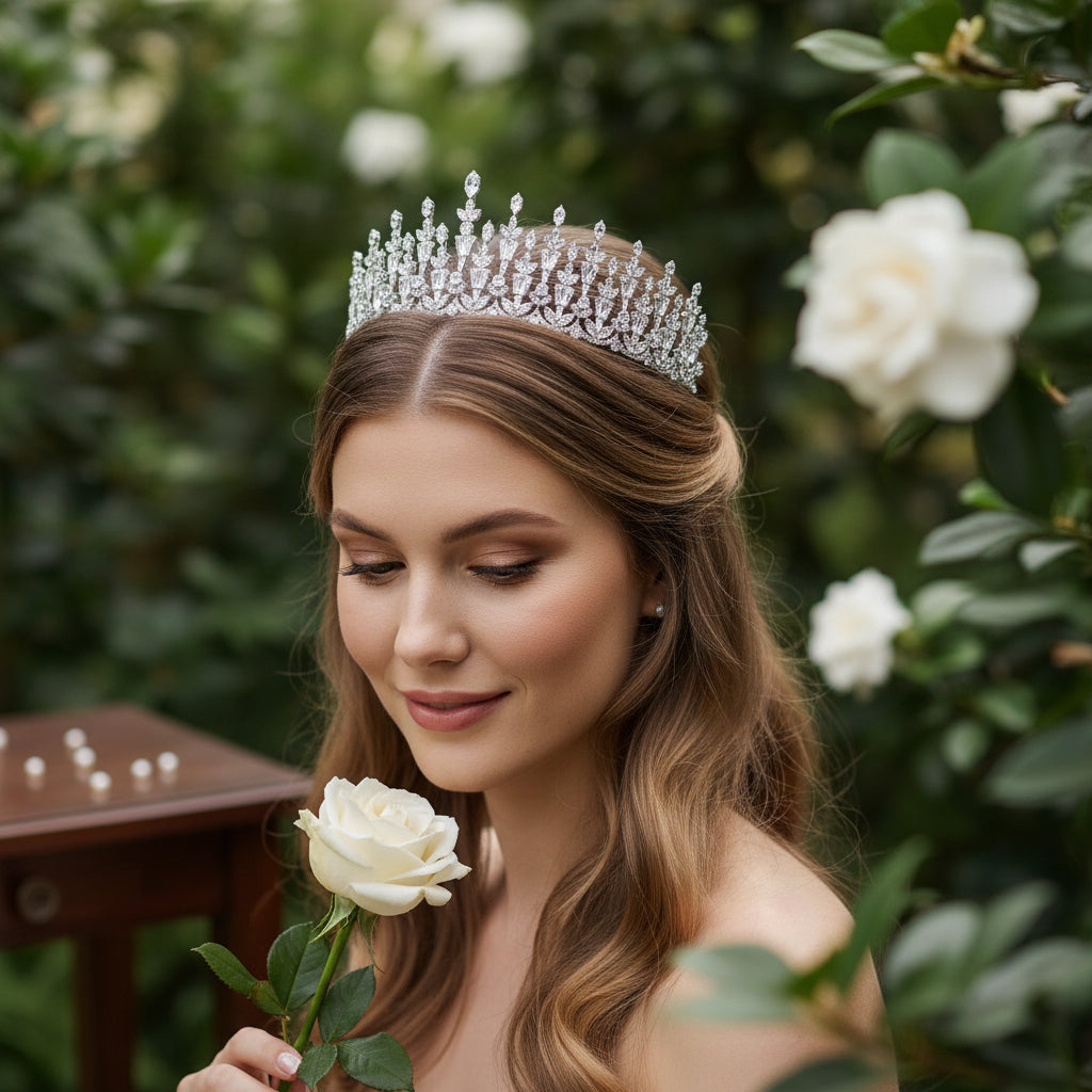 CUBIC ZIRCONIA COLLECTION - REGAL ELEGANCE TIARA - AHB38 SILVER