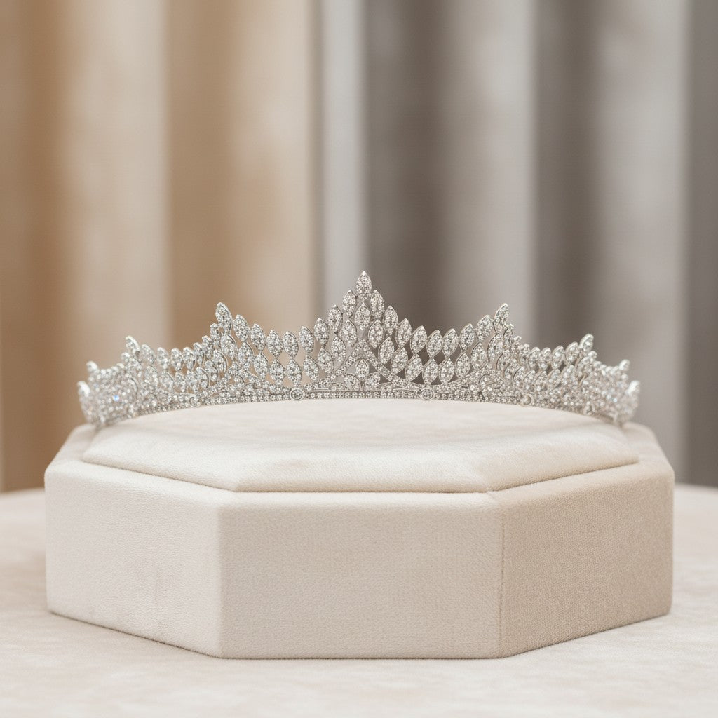 CUBIC ZIRCONIA COLLECTION - LAVISH CRYSTAL TIARA - SILVER - AHB44
