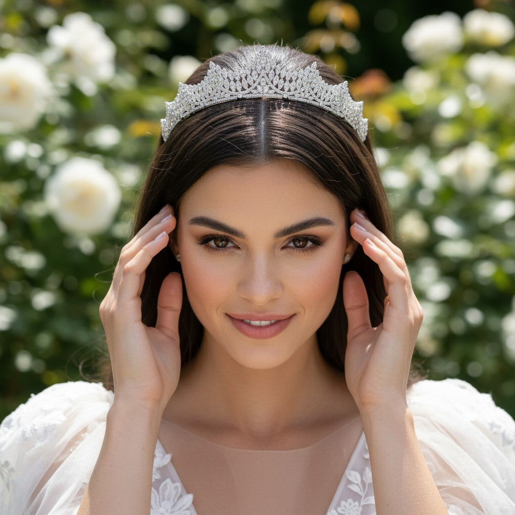 CUBIC ZIRCONIA COLLECTION - LAVISH CRYSTAL TIARA - SILVER - AHB44