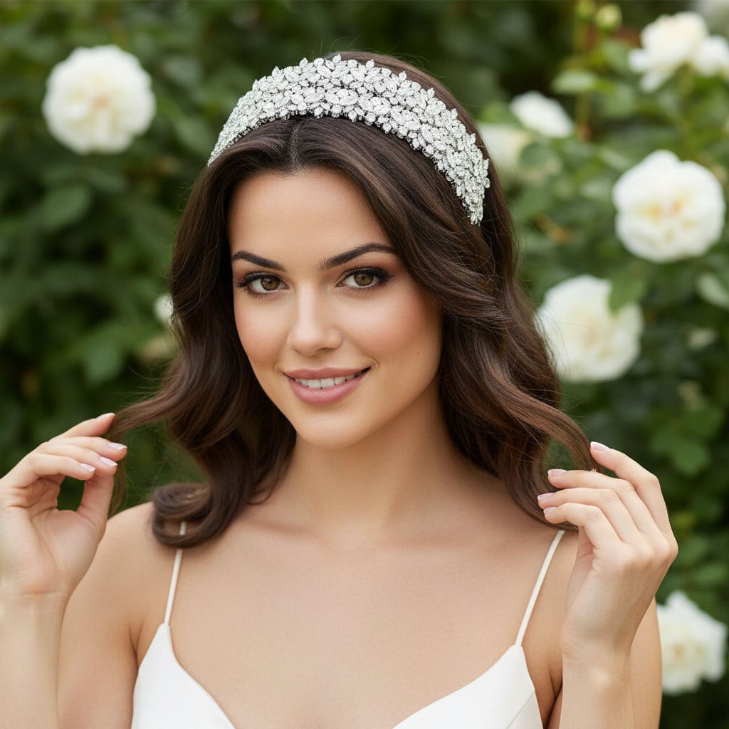 CUBIC ZIRCONIA COLLECTION - BEJEWELLED DECO HEADPIECE - SILVER - AHB49