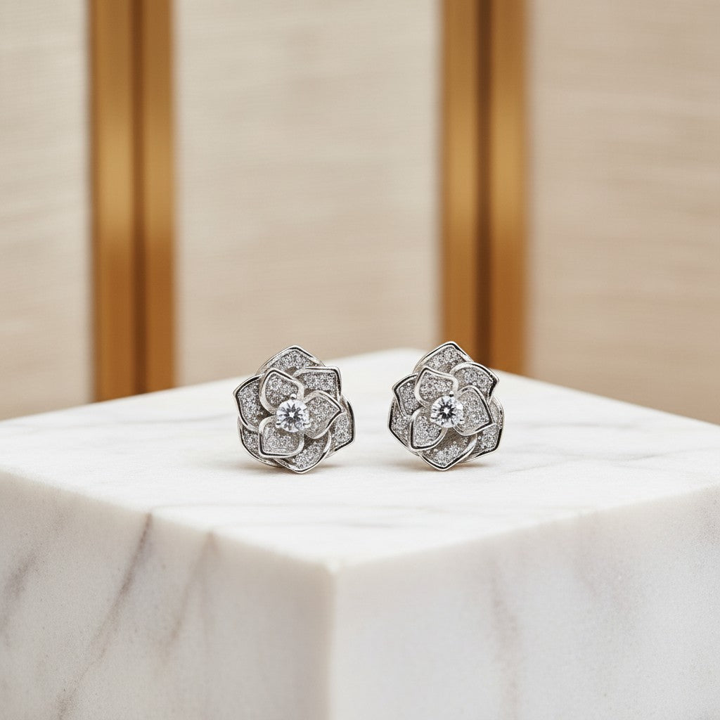CUBIC ZIRCONIA COLLECTION - VINTAGE ROSE EARRINGS - SILVER  CZER553