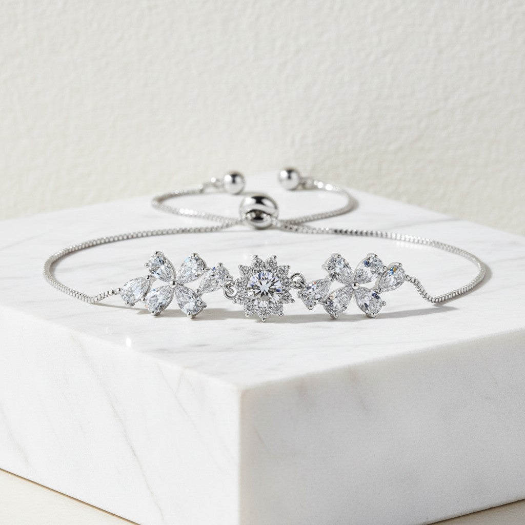 CUBIC ZIRCONIA COLLECTION - FLORAL SHIMMER  BRACELET - SILVER - BR109