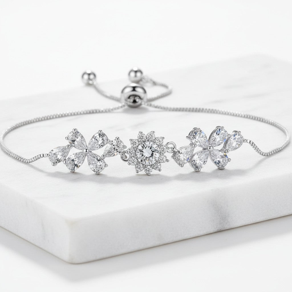 CUBIC ZIRCONIA COLLECTION - FLORAL SHIMMER  BRACELET - SILVER - BR109