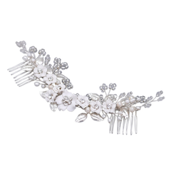 ATHENA COLLECTION - FLORAL JEWELLED HAIR COMB - HC218 SILVER