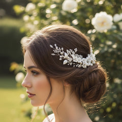ATHENA COLLECTION - FLORAL JEWELLED HAIR COMB - HC218 SILVER